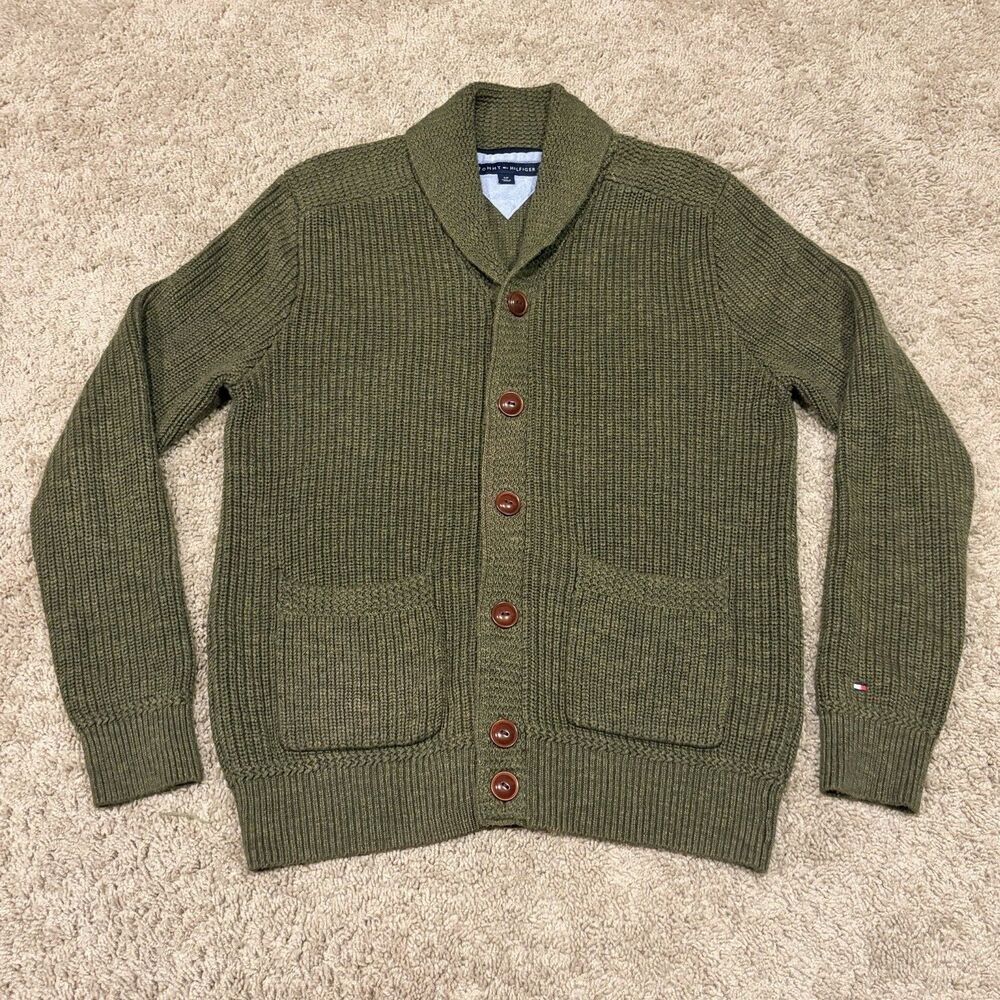 Tommy Hilfiger Olive Green Shawl Collar Cardigan Sweater Button Front Mens Small